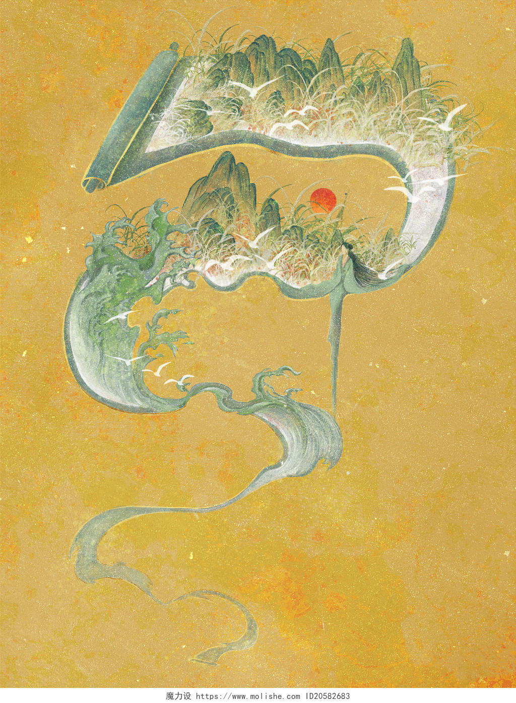 国风山水卷轴原创插画素材卷轴元素中国风PSD海报素材卷轴元素国潮卷轴元素